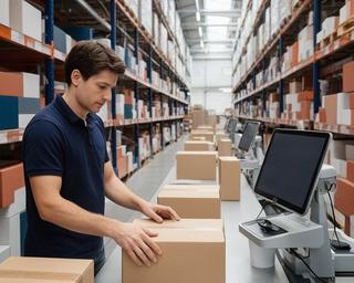 Magazijnmedewerker verwerkt orders in een moderne Amsterdamse groothandel
